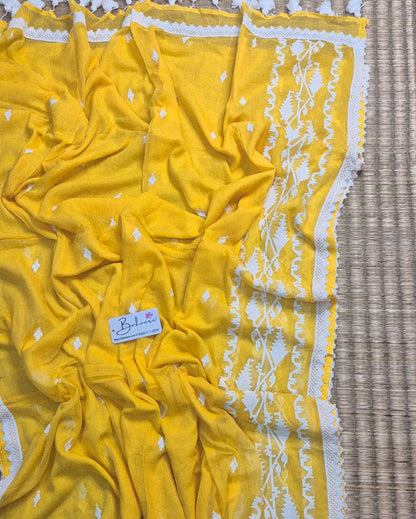 Mohini | Sunshine Yellow Mul Mul Cotton Saree with Jamdani Embroidery