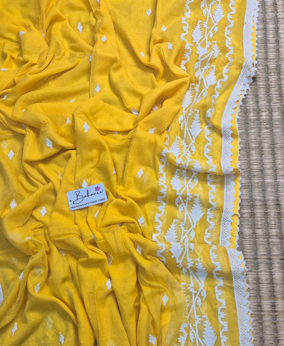 Mohini | Sunshine Yellow Mul Mul Cotton Saree with Jamdani Embroidery