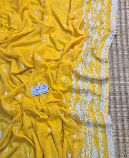 Mohini | Sunshine Yellow Mul Mul Cotton Saree with Jamdani Embroidery