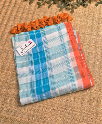 Mohini | Sky White Check Mul Mul Cotton Saree