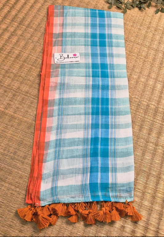 Mohini | Sky White Check Mul Mul Cotton Saree