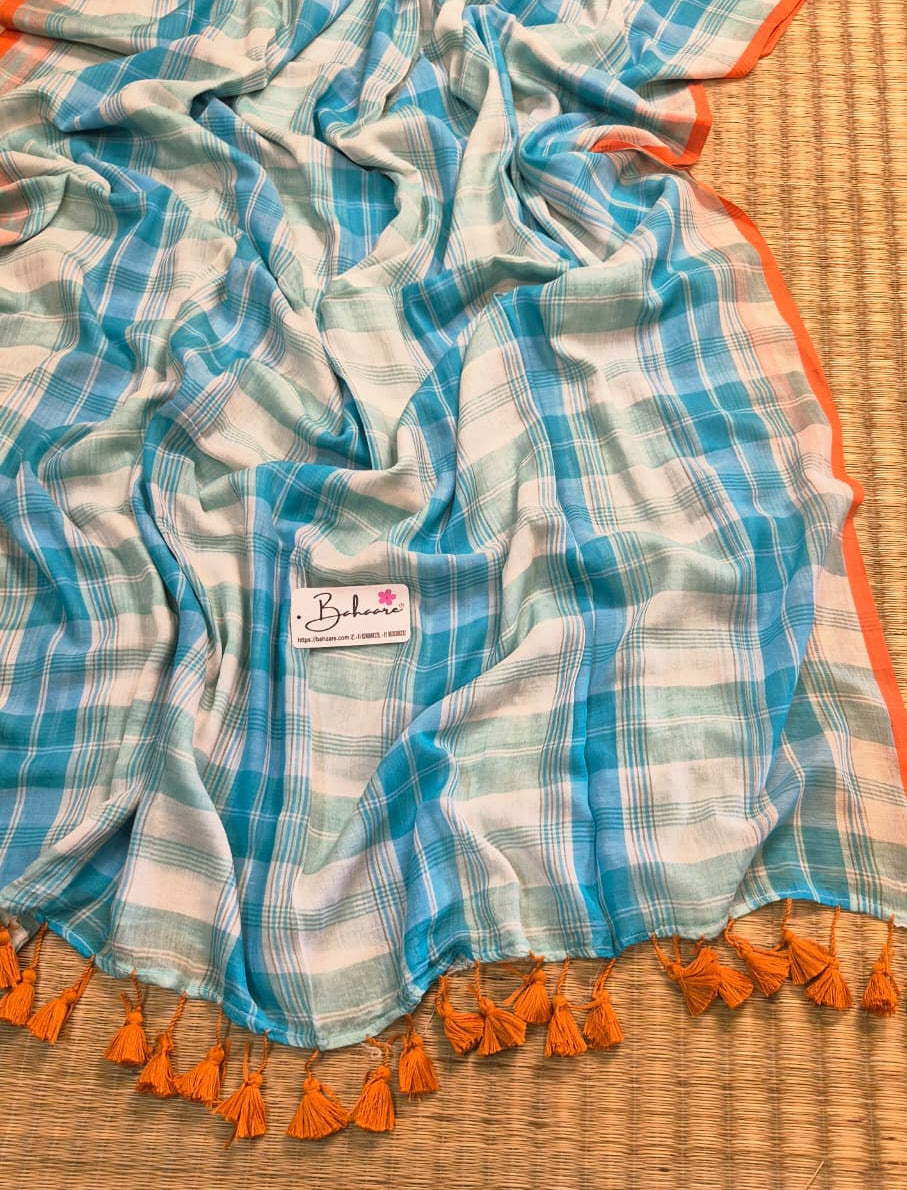 Mohini | Sky White Check Mul Mul Cotton Saree