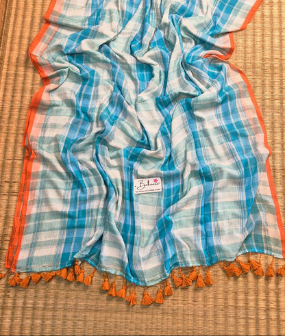 Mohini | Sky White Check Mul Mul Cotton Saree