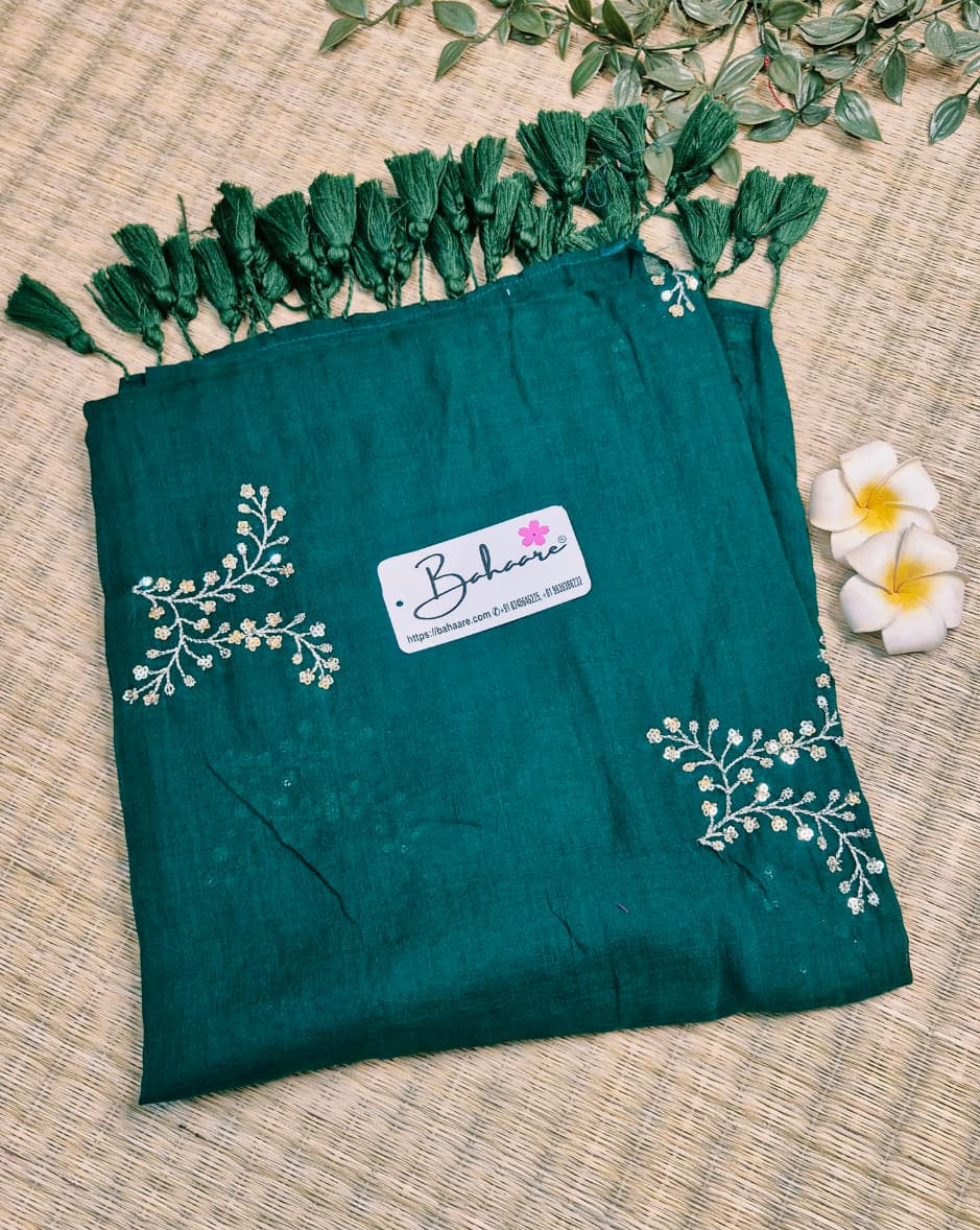 Shimmering Starlight | Emerald Green Mul Mul Cotton Saree with Sequin Zari Embroidery Work