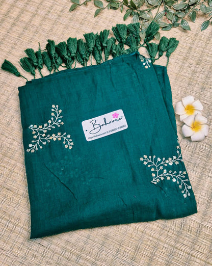 Shimmering Starlight | Emerald Green Mul Mul Cotton Saree with Sequin Zari Embroidery Work