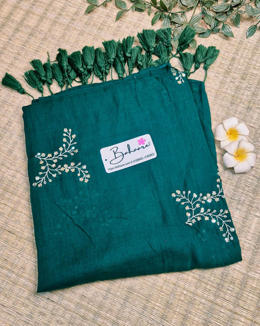 Shimmering Starlight | Emerald Green Mul Mul Cotton Saree with Sequin Zari Embroidery Work