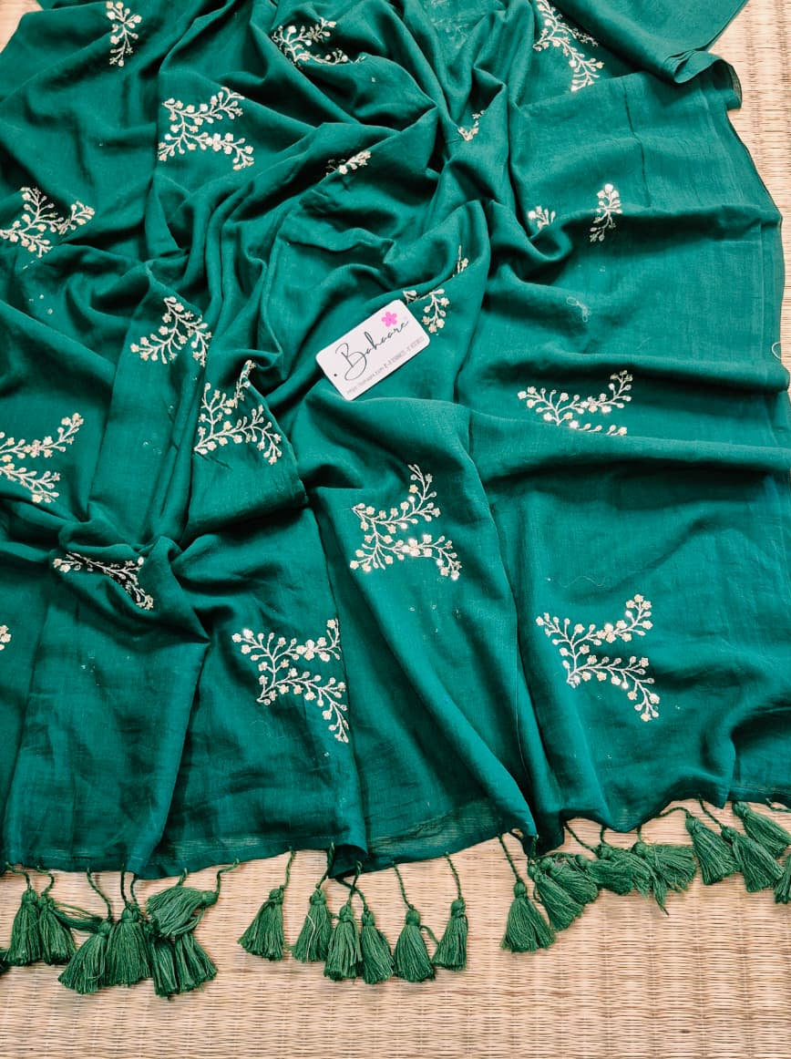 Shimmering Starlight | Emerald Green Mul Mul Cotton Saree with Sequin Zari Embroidery Work