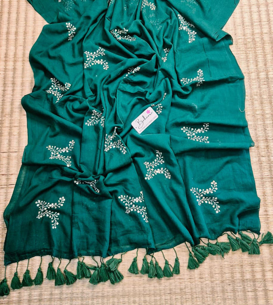 Shimmering Starlight | Emerald Green Mul Mul Cotton Saree with Sequin Zari Embroidery Work