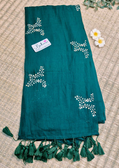 Shimmering Starlight | Emerald Green Mul Mul Cotton Saree with Sequin Zari Embroidery Work
