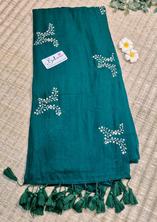 Shimmering Starlight | Emerald Green Mul Mul Cotton Saree with Sequin Zari Embroidery Work