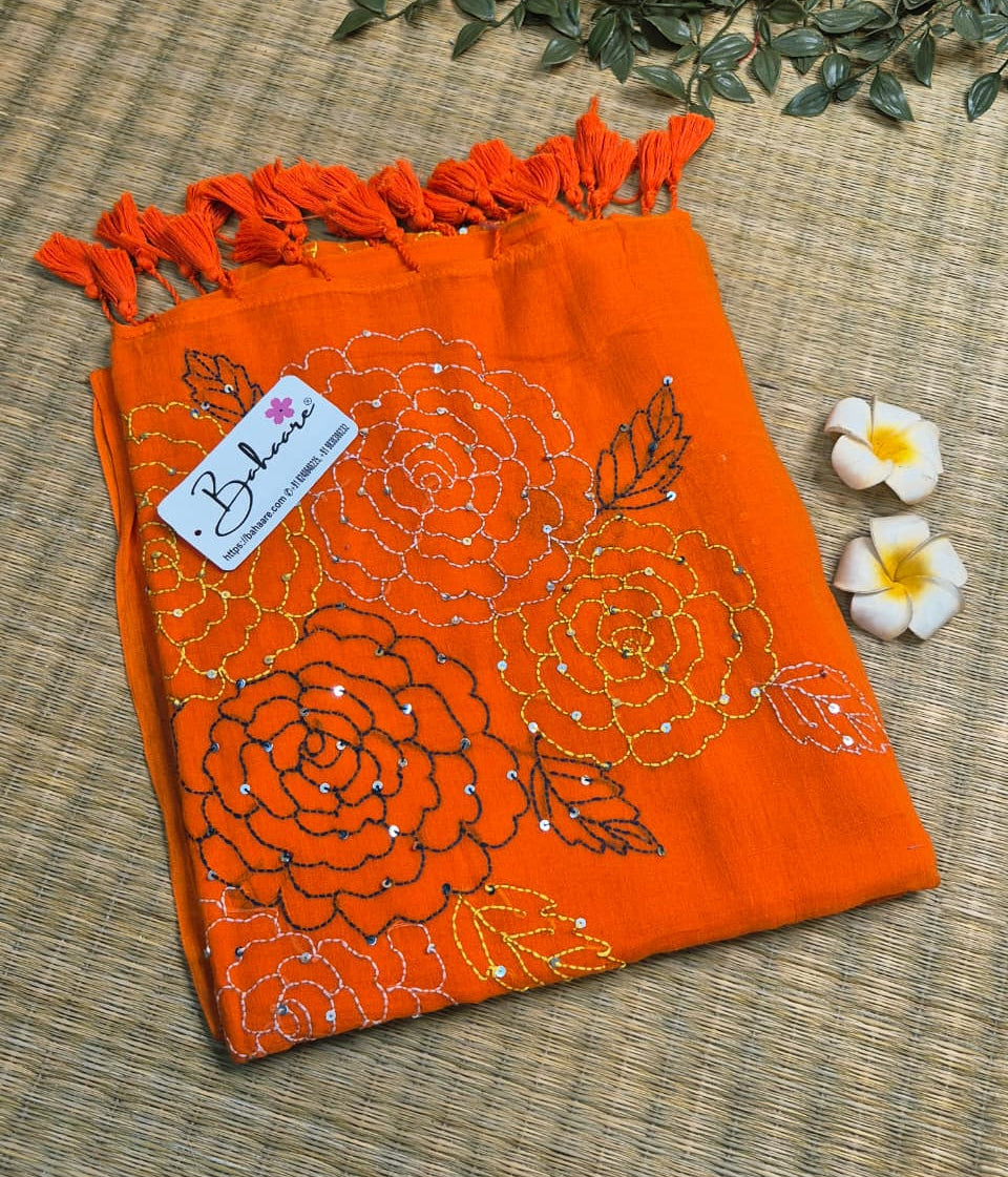 Mohini | Fanta Orange Mul Mul Cotton Saree with Kantha Hand Embroidery