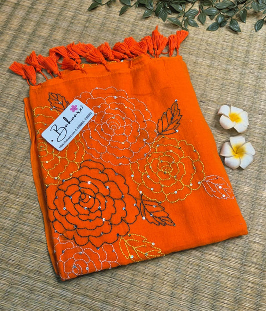 Mohini | Fanta Orange Mul Mul Cotton Saree with Kantha Hand Embroidery