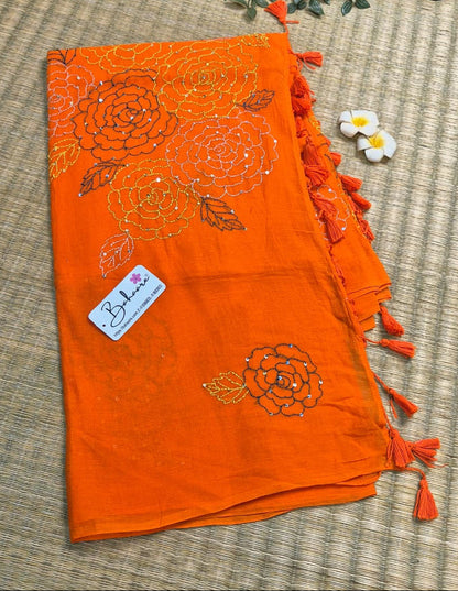 Mohini | Fanta Orange Mul Mul Cotton Saree with Kantha Hand Embroidery