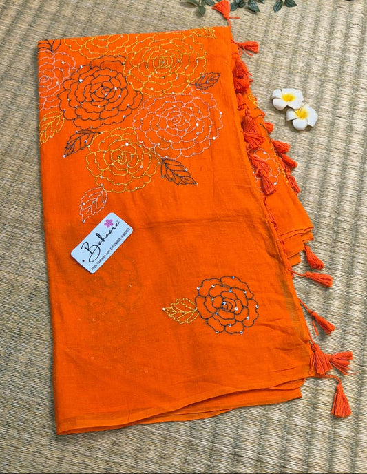Mohini | Fanta Orange Mul Mul Cotton Saree with Kantha Hand Embroidery