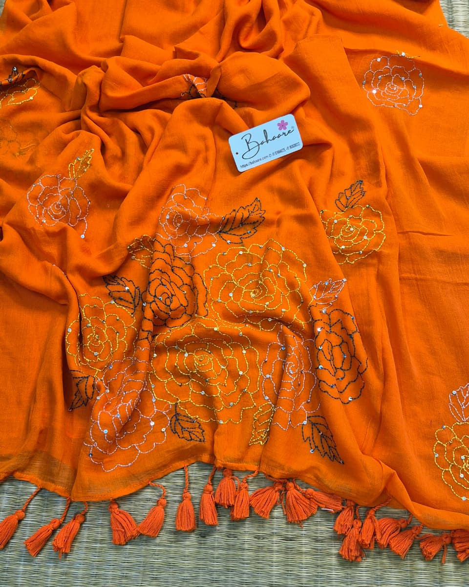 Mohini | Fanta Orange Mul Mul Cotton Saree with Kantha Hand Embroidery