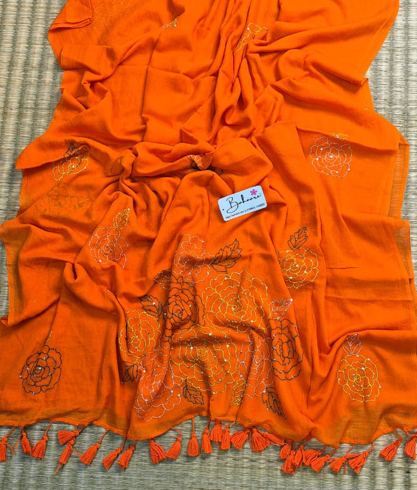 Mohini | Fanta Orange Mul Mul Cotton Saree with Kantha Hand Embroidery