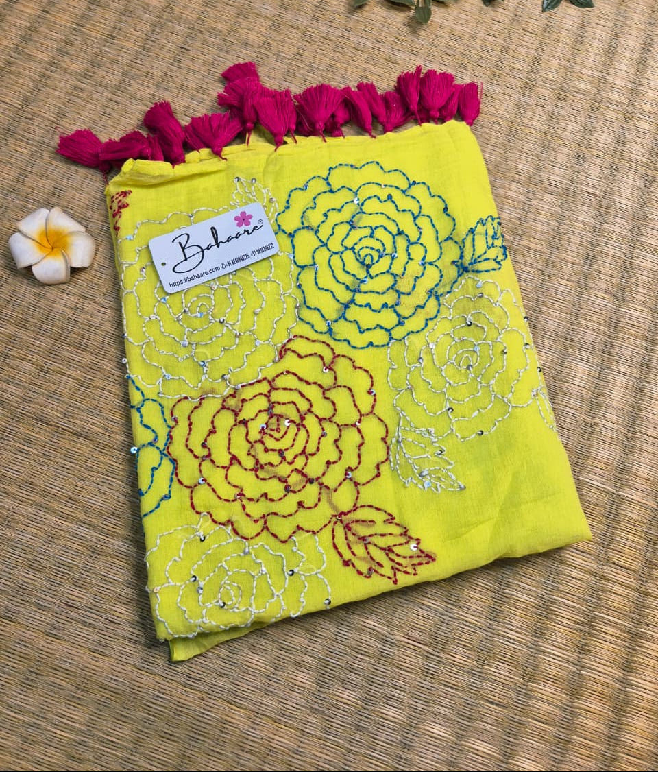 Mohini | Neon Glow Mul Mul Cotton Saree with Kantha Hand Embroidery