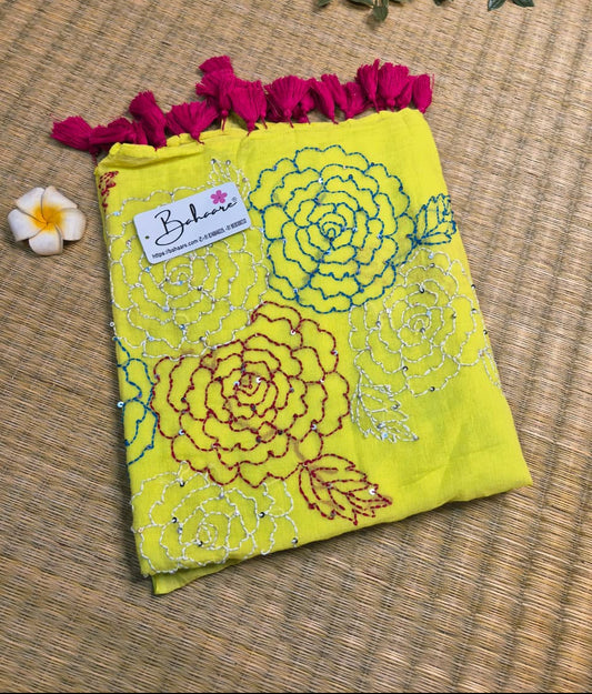 Mohini | Neon Glow Mul Mul Cotton Saree with Kantha Hand Embroidery