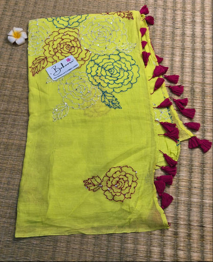 Mohini | Neon Glow Mul Mul Cotton Saree with Kantha Hand Embroidery
