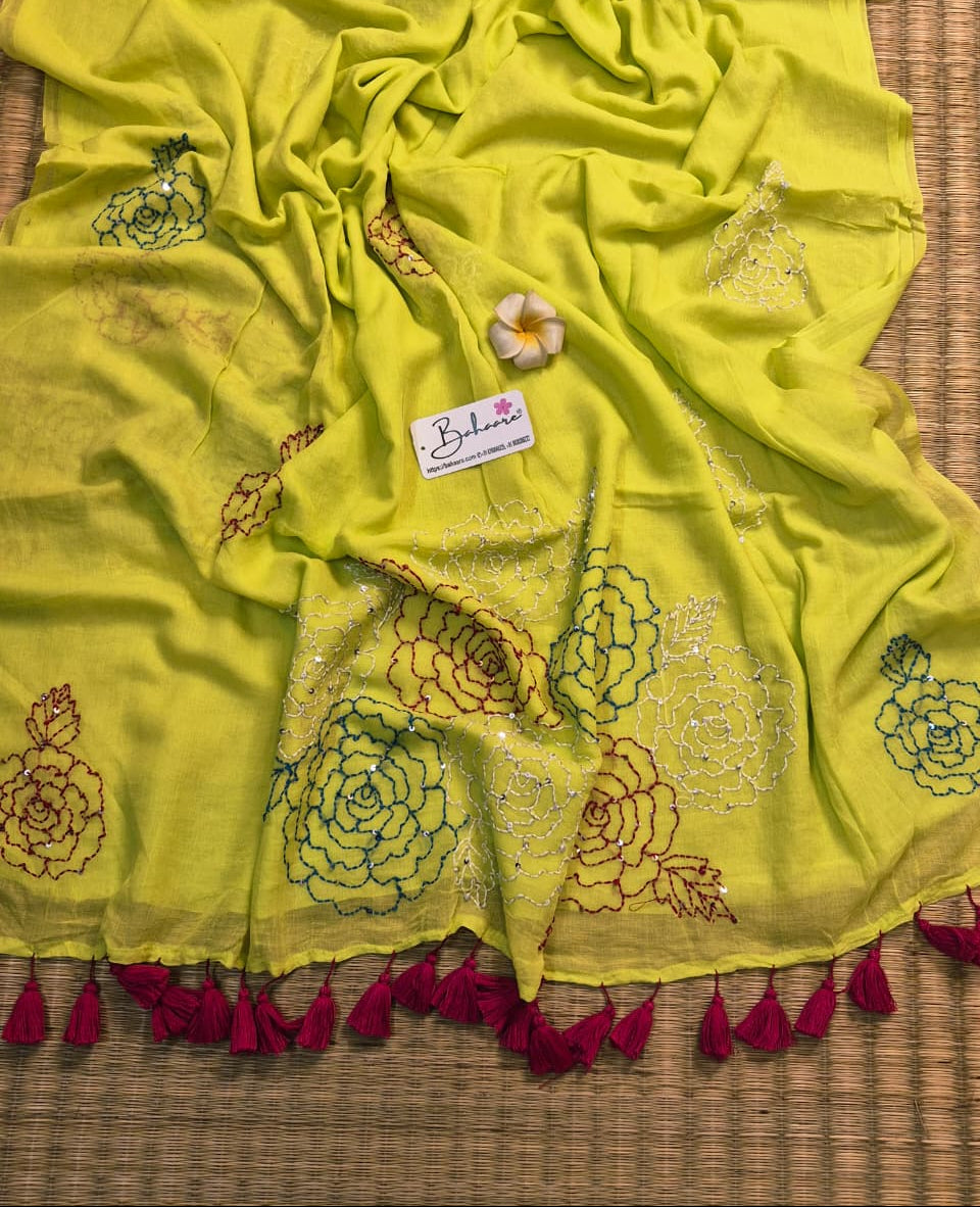 Mohini | Neon Glow Mul Mul Cotton Saree with Kantha Hand Embroidery