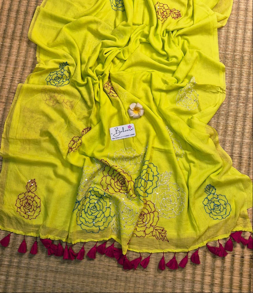 Mohini | Neon Glow Mul Mul Cotton Saree with Kantha Hand Embroidery