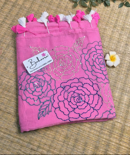 Mohini | Rose Mist Mul Mul Cotton Saree with Kantha Hand Embroidery
