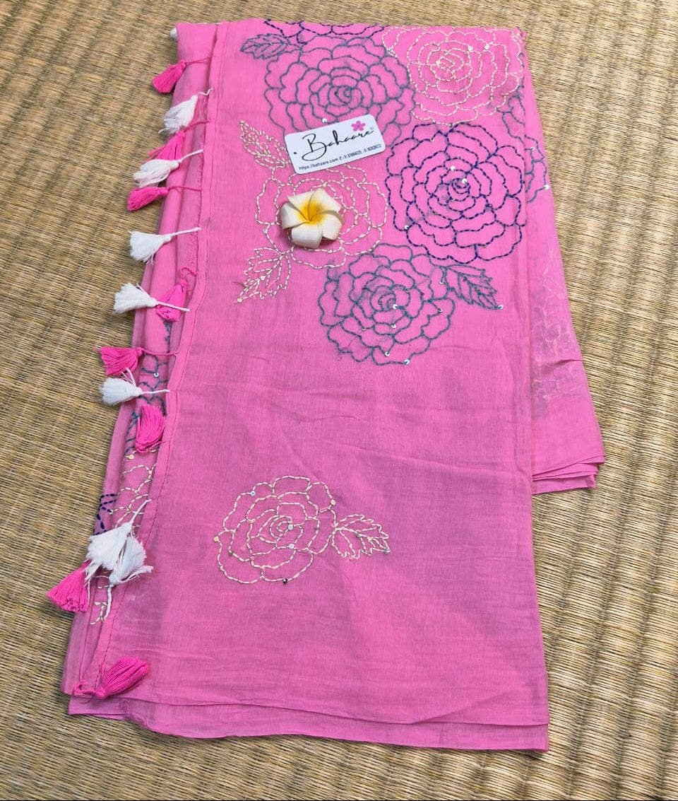 Mohini | Rose Mist Mul Mul Cotton Saree with Kantha Hand Embroidery