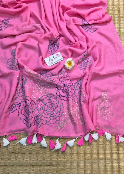 Mohini | Rose Mist Mul Mul Cotton Saree with Kantha Hand Embroidery