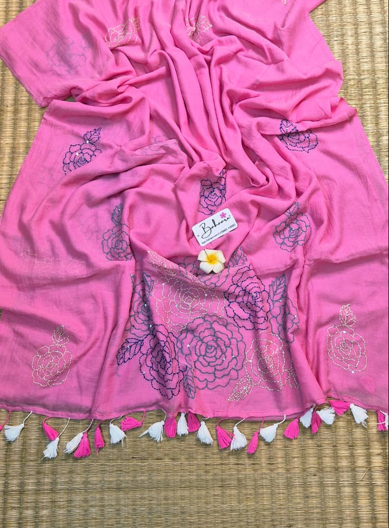 Mohini | Rose Mist Mul Mul Cotton Saree with Kantha Hand Embroidery