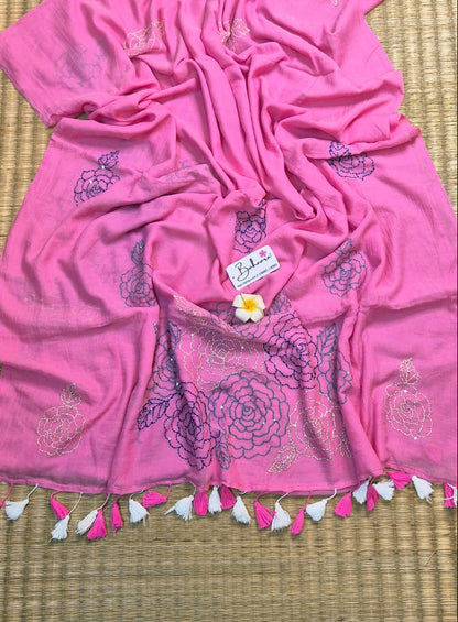 Mohini | Rose Mist Mul Mul Cotton Saree with Kantha Hand Embroidery