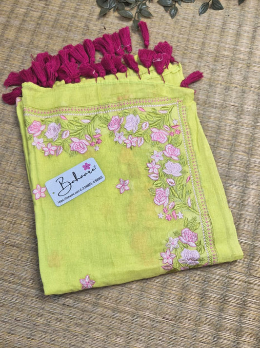 Mohini | Neon Lime Green Mul Mul Cotton Saree with Chikankari Embroidery