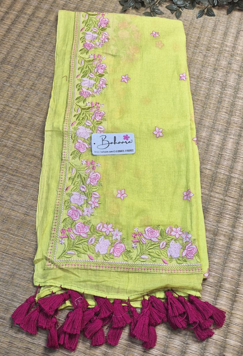 Mohini | Neon Lime Green Mul Mul Cotton Saree with Chikankari Embroidery