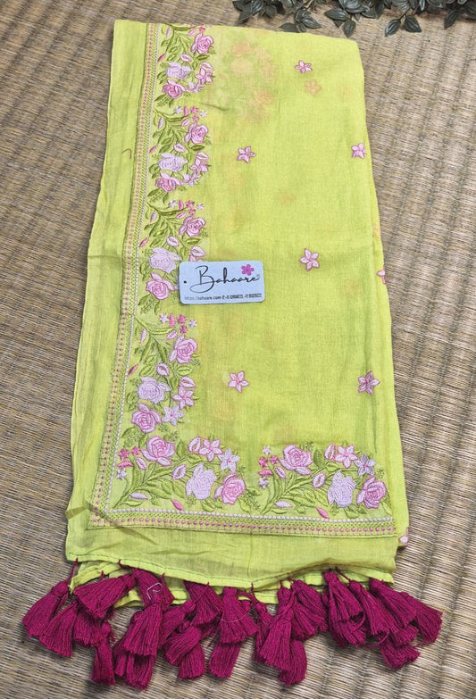 Mohini | Neon Lime Green Mul Mul Cotton Saree with Chikankari Embroidery