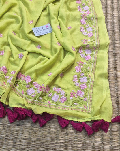 Mohini | Neon Lime Green Mul Mul Cotton Saree with Chikankari Embroidery