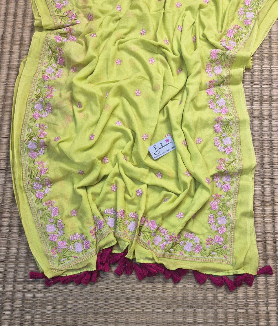 Mohini | Neon Lime Green Mul Mul Cotton Saree with Chikankari Embroidery