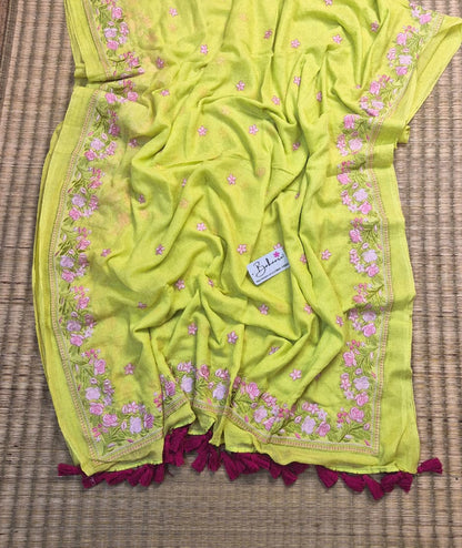 Mohini | Neon Lime Green Mul Mul Cotton Saree with Chikankari Embroidery