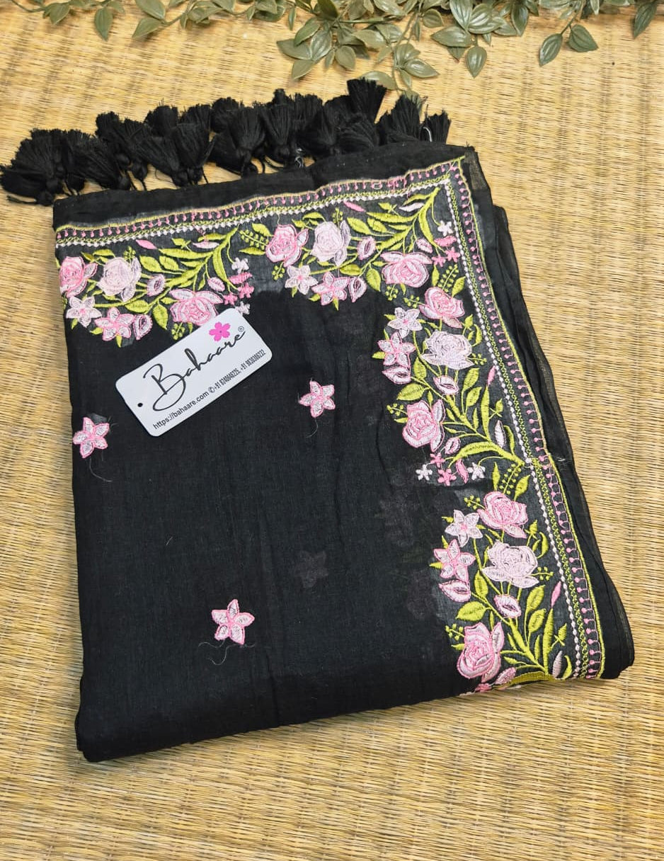 Mohini | Onyx Black Mul Mul Cotton Saree with Chikankari Embroidery