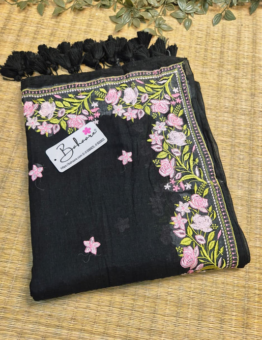 Mohini | Onyx Black Mul Mul Cotton Saree with Chikankari Embroidery
