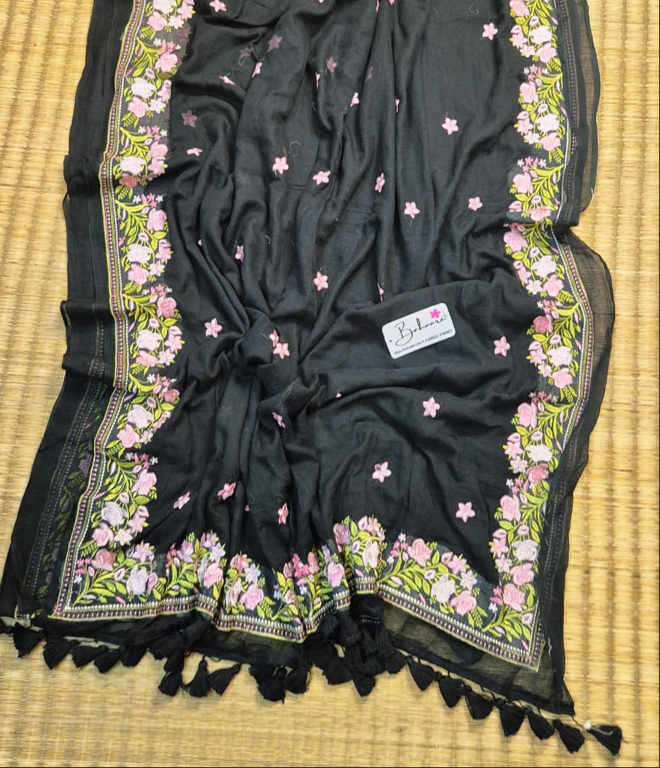 Mohini | Onyx Black Mul Mul Cotton Saree with Chikankari Embroidery