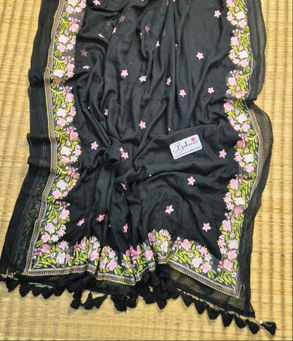 Mohini | Onyx Black Mul Mul Cotton Saree with Chikankari Embroidery
