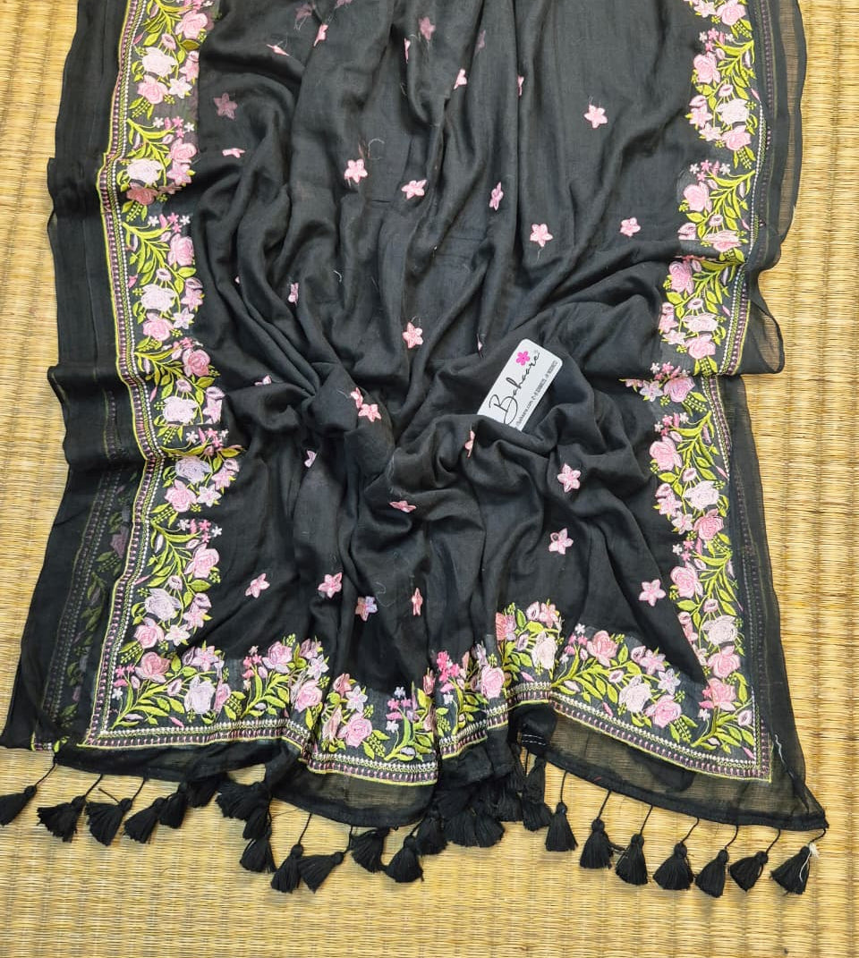 Mohini | Onyx Black Mul Mul Cotton Saree with Chikankari Embroidery