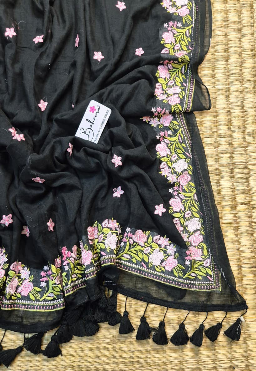 Mohini | Onyx Black Mul Mul Cotton Saree with Chikankari Embroidery