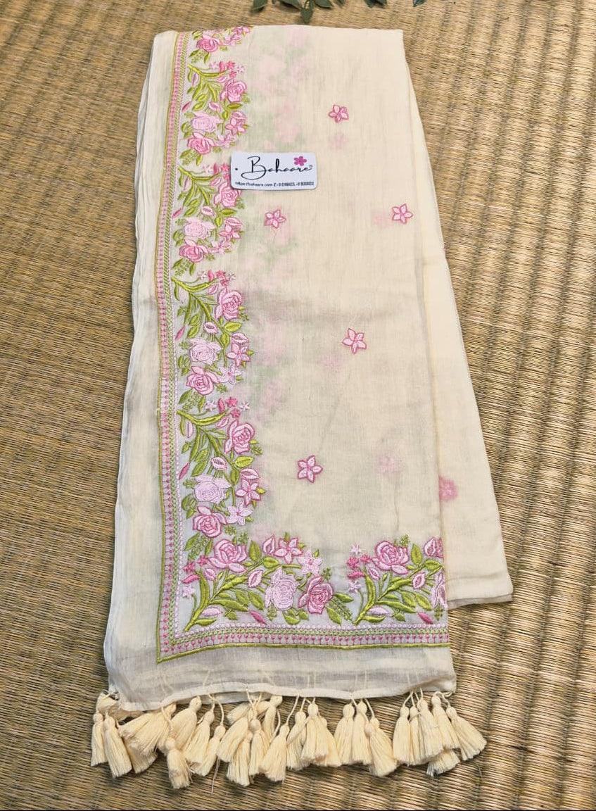 Mohini | Pearl Ivory Mul Mul Cotton Saree with Chikankari Embroidery
