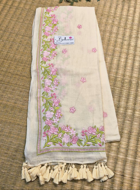 Mohini | Pearl Ivory Mul Mul Cotton Saree with Chikankari Embroidery