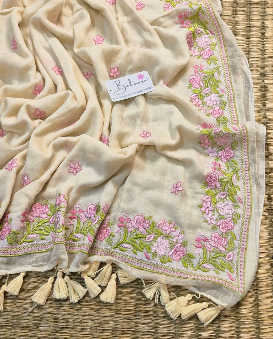 Mohini | Pearl Ivory Mul Mul Cotton Saree with Chikankari Embroidery