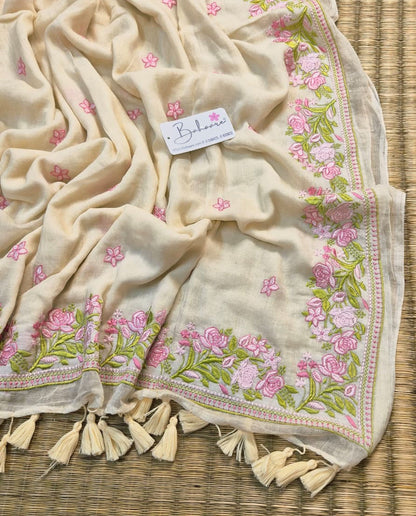 Mohini | Pearl Ivory Mul Mul Cotton Saree with Chikankari Embroidery