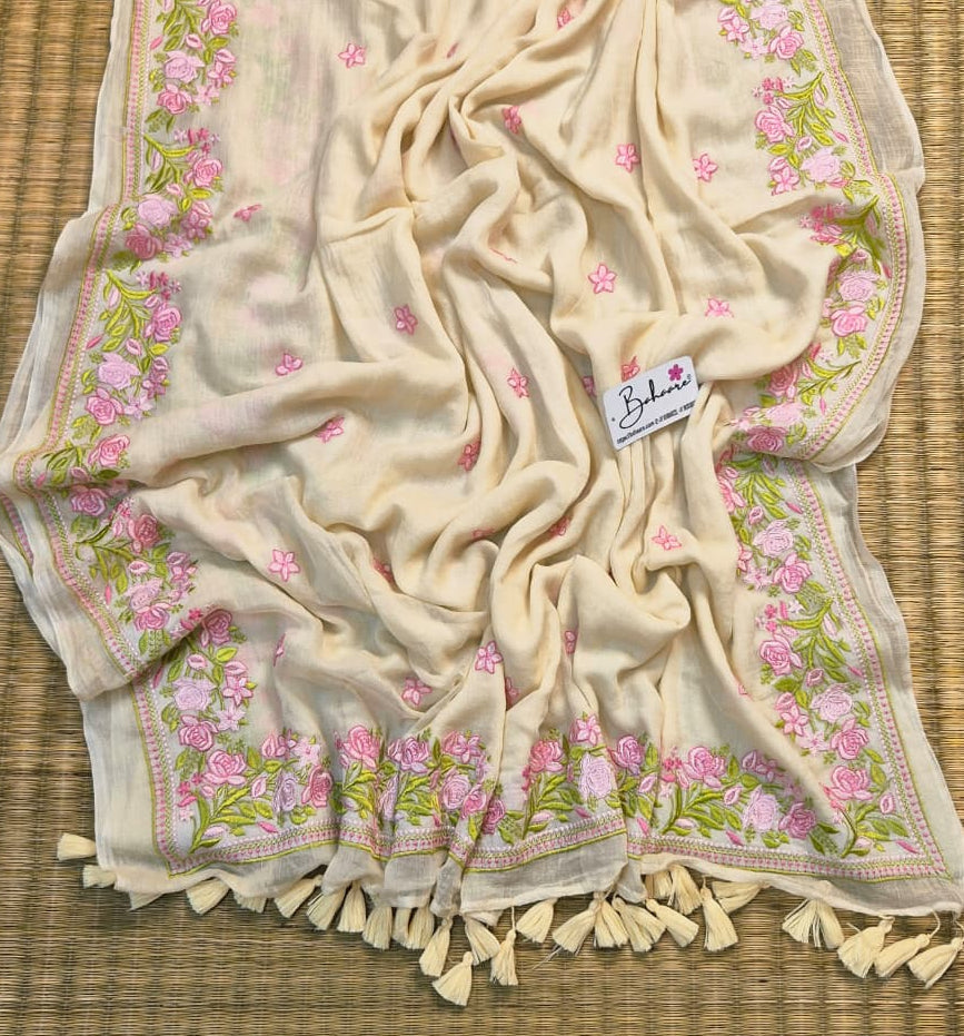 Mohini | Pearl Ivory Mul Mul Cotton Saree with Chikankari Embroidery