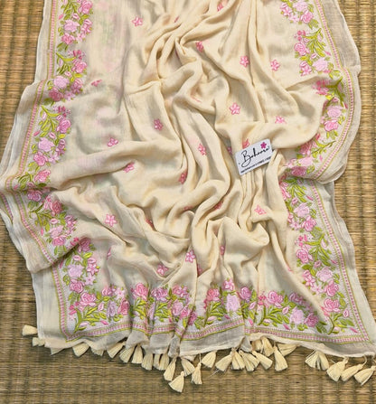 Mohini | Pearl Ivory Mul Mul Cotton Saree with Chikankari Embroidery