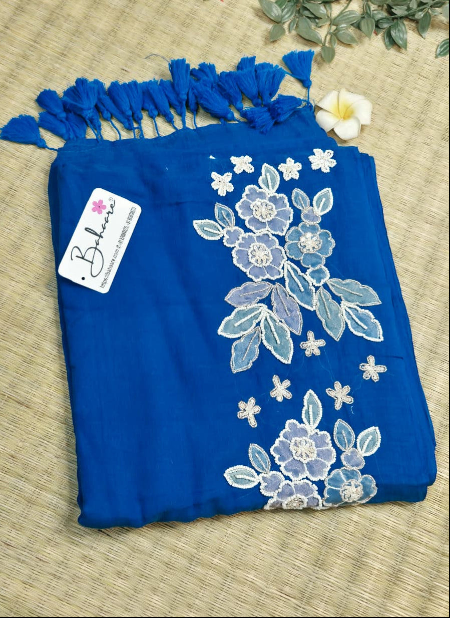 Mohini | Cobalt Blue Mul Mul Cotton Saree with Handcrafted Moti Work on Front Top Part