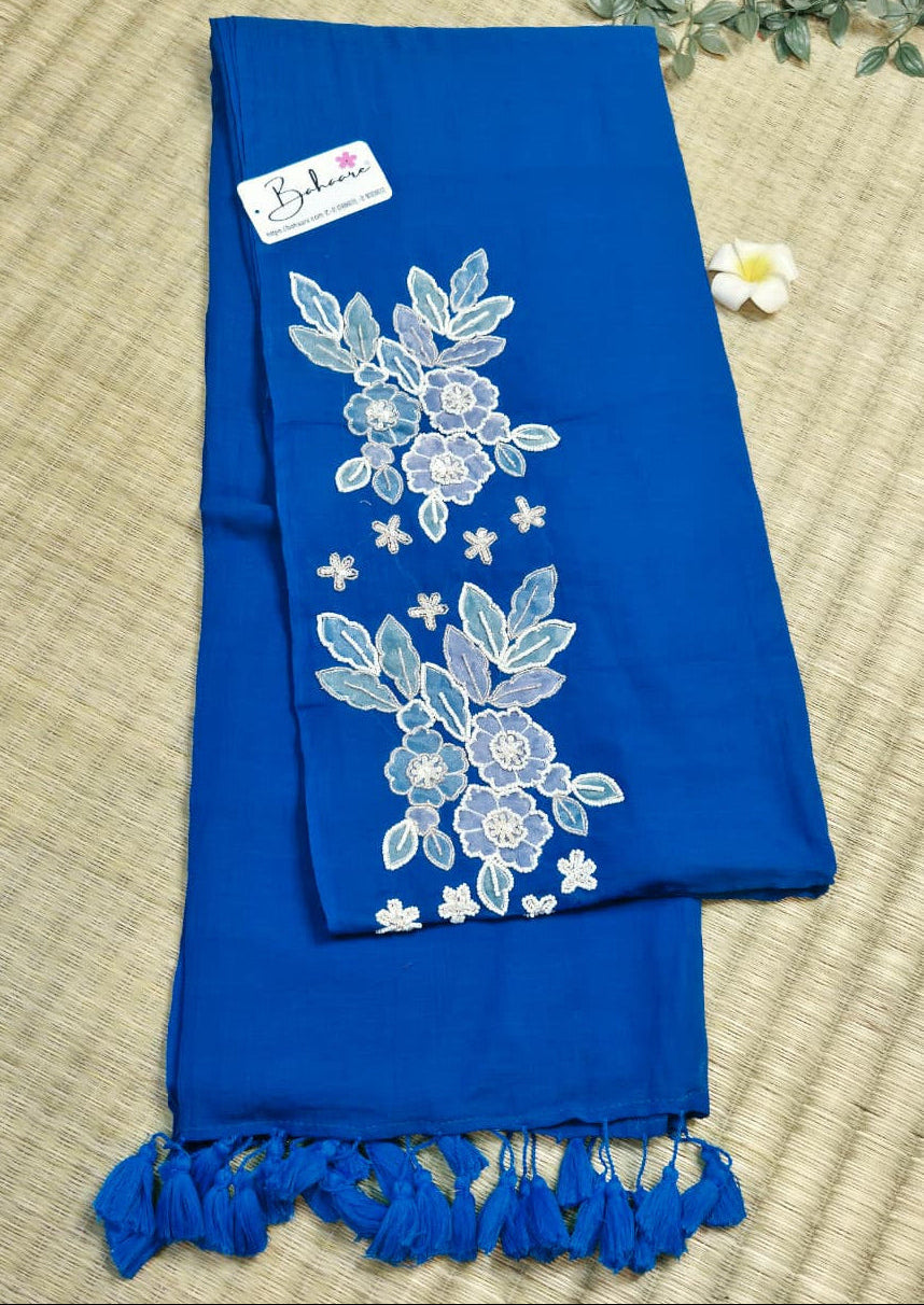 Mohini | Cobalt Blue Mul Mul Cotton Saree with Handcrafted Moti Work on Front Top Part